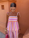 Women Fashion Striped Print Wide Leg Pants Suit Elegant Sleeveless Lace Up Ruffles Hem Top Sets Summer Lady Casual Outifits