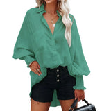 Autumn Streetwear Solid Loose Casual Shirt Female Lantern Long Sleeve Beach Holiday Blouse Button Up All-match Blusa