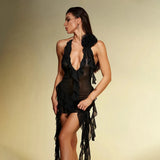 Black Mesh Fringe Ruffle Open Back Midi Dress- Outfit