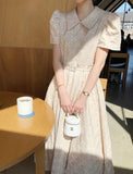 Zingj Chic Summer Age Reduction Doll Collar Bow Jacquard Waist Show Thin Bubble Sleeve Dress With Belt