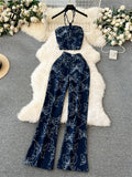 Fashion Sexy Denim Suits Halter Strapless Backless Mini Tops+High Waist Long Skinny Pants Women Summer Streetwear