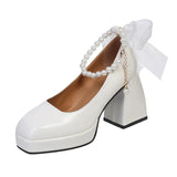 Size High Heels Female 2025 Spring And Autumn String Beads Chain Fairy Wind Thick With Simple Square Head Mary Jane Single Shoes