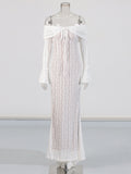 Spice Girl Packed Evening Dress Woman 2025 Spring New Fashion-Word Shoulder Lace Stitching Design Sensing Long-Sleeved