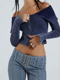 Lapel Gradient Print Long Sleeve Cardigan Crop Top for Women Off Shoulder Knitted Ribbed Zip Up Sweaters Jumpers