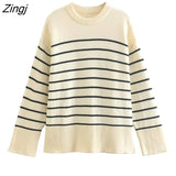 Women Classical Striped Print Casual Loose Knitting Sweater Female Long Sleeve Chic Side Split Leisure Tops