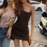 Summer New Women's Fashion Pure Color Sexy Folding Waist Dress Slim Skinny Chest