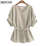 Plus Size Women Cotton Linen Blouse Shirts Casual V Neck Big Bow Summer Tops Ladies Short Sleeve Loose