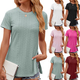 Zingj 2024 New Round Collar Solid Color Slit Short-Sleeve Loose T-Shirt Top-Outfit