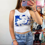 Women Cotton T-shirt Face Print Short Sleeve Slim Fit Crop Top Summer Sweats Tees Casual O-neck Tshirt Gothic