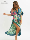 Bohemian Printed Short Sleeve Self Belted Side Split Summer Beach Dress Green Cotton Tunic Women Beachwear Maxi Dress