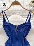 American Vintage Denim Bodysuits Spaghetti Strap Skinny Women Playsuits Fashion Streetwear Slim Sexy Zipper