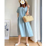 Cotton Linen Loose Dress Summer Fashion Female O-Neck Short Sleeve Solid Color Knee Length Sweet