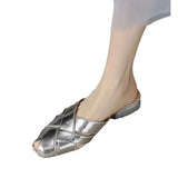 Tou Half Slippers Female Summer Women Wear Full Leather Square Head Sandals Low Heel Thick Soft Leather Muller