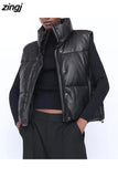 Women Black Pu Puffy Vest American Streetwear Winter Thick Parkas Jacket Fashion Outwear Faux Leather Down Waistcoat