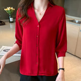 Women's Shirt Vintage Red Button Blouses for Women Short Sleeve Shirts Female Top Polo Neck Solid Blouse Office Lady Basic