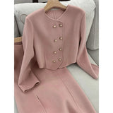 Zingj Women Skirt Suits Office Lady Tweed Set O Neck Button Cropped Jackets Bodycon Long Skirt Elegant Female 2 Pieces Sets Women 211-0-Outfit
