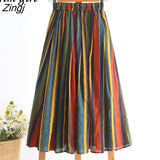 Stripe Cotton Linen Skirts Women Summer Elastic High Waist Pleated Midi Skirt Loose Casual A-Line Beach Boho Skirt