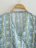 Chain Print Crop Top Woman Blue Wrap Long Sleeve Shirts And Blouses For Women Fashion 2023 Knot Elegant Women's