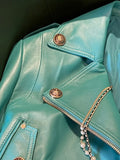 Spring Autumn Cool Bright Green Pu Leather Biker Jacket Women Zipper Long Sleeve Luxury Designer Streetwear Fashion