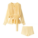 Folding Ribbon Design Loose Waist Mini Dress Shorts Set 2025 Spring And Summer Street Fashion
