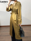 Spring Autumn Long Soft Luxury Elegant Flowy Satin Acetate Trench Coat for Women High Quality Chic British Fashion