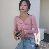 Sexy lace up knitting pullover top Fashion autumn winter sweater women Chic pink V-neck knit slim jumper pull