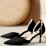 Wind High Heels Women's Fine Heel 2025 Autumn New Hollow Single Shoes Small Fresh Pearl Fairy Wind Bag Head