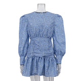 Zingj Women's Spring New Print Floral Skirt Long Sleeve Waist Pleated Casual Dress-Outfit