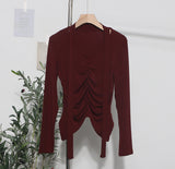 Real Shooting Explosion Long-Sleeved T-Shirt Girl Autumn Folded Waist-Bottomed Shirt V-Neck Ribbon Open Fork Short Top