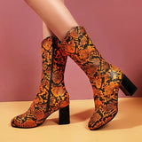 Size Women's Shoes 44 45 Fashion Zipper Snake Print Women Mid Calf Boots LadiesThick High Heel Autumn Winter Short