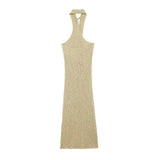 Beige Draped Halter Neck Knit Midi Dress- Outfit