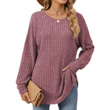 Zingj / Winter 2024 New Round Collar Pit Strip Solid Color Casual Long-Sleeved T-Shirt Top-Outfit
