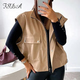 Sleeveless 2020 PU Leather Jacket Vest Women Black Zipper Autumn Winter Khaki Pocket Casual Coat Short Loose