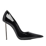 Women's Black Patent Leather Gold Fine Heel 2025 Spring New Famous Women's Shoes Shallow Tip Small Single