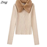 New Women Fashion Faux Fur Turn Down Collar Solid Casual Slim Knitting Sweater Female Chic Cropped Pullovers Tops