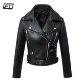 Black Faux Leather Jacket Women Spring Autumn Short Soft Pu Leather Jackets With Belt Zipper Moto Biker