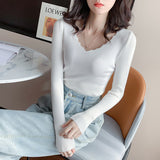 Zingj Autumn And Winter New Lace Collar Pullover Female Korean Version V-Neck Slim Short Style Pit Strip Thin Bottomed