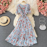 New Women French Style Pleated Maxi Dress Elegant Lady A-line Clothes Summer Female Holiday