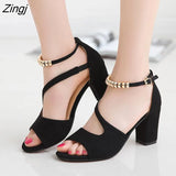 summer sexy fish mouth hollow Roman sandals thick with word with beaded high heels female summer Sexy female