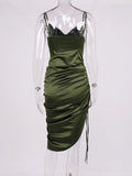 Ruched Satin Summer Dress Drawstring Spaghetti Straps Cowl Neck Backless Long Dresses for Women Party Sexy Vestidos
