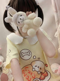 Aesthetic Summer Patchwork T-shirt Japanese Cartoon Print Kawaii Casual Loose Tops Harajuku Women Oversized Apricot