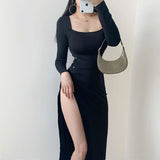 Sexy Fashion Slim Low Chest Square Collar Split Legs Light Ripe Temperament High Waist Split Leg Long Sexy Dress