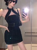 Black Bodycon Mini Denim Dress Women Hollow Out Halter Sleeveless Short Dresses Skinny Summer Sexy Slim Vestidos
