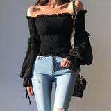 Color Pleated Bow Fashion Women Ladies Long Sleeve Off Shoulder Cropped Tops Blouse Shirt Lace Up Corset