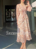 Summer Fairy One Piece Dress Korean Casual Vintage Floral Midi Dress Women Long Sleeve French Sweet Dress Office Lady