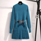 Lantern Sleeves Solid Color Knitted Dress Women With Belt Long Sleeves Mid-length Pullover A-line Dress Female 2021