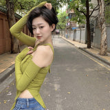Shoulder Long Sleeve Top Tee Shirt Femme Y2K Clothes Green Tops Mujer T-shirt Black Sexy Funny T Shirts Women