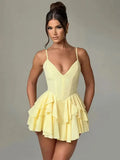 Open Back Strap Ruffled Layered Mini Dress- Outfit