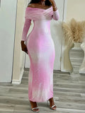 Pink Rhinestone Off-shoulder Maxi Dress- Outfit