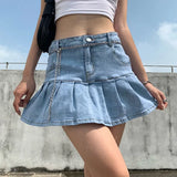 Harajuku Punk Denim Mini Pleated Skirt Ladies Summer High Waist Jeans Shorts Skirts Women Ruffles Fashion